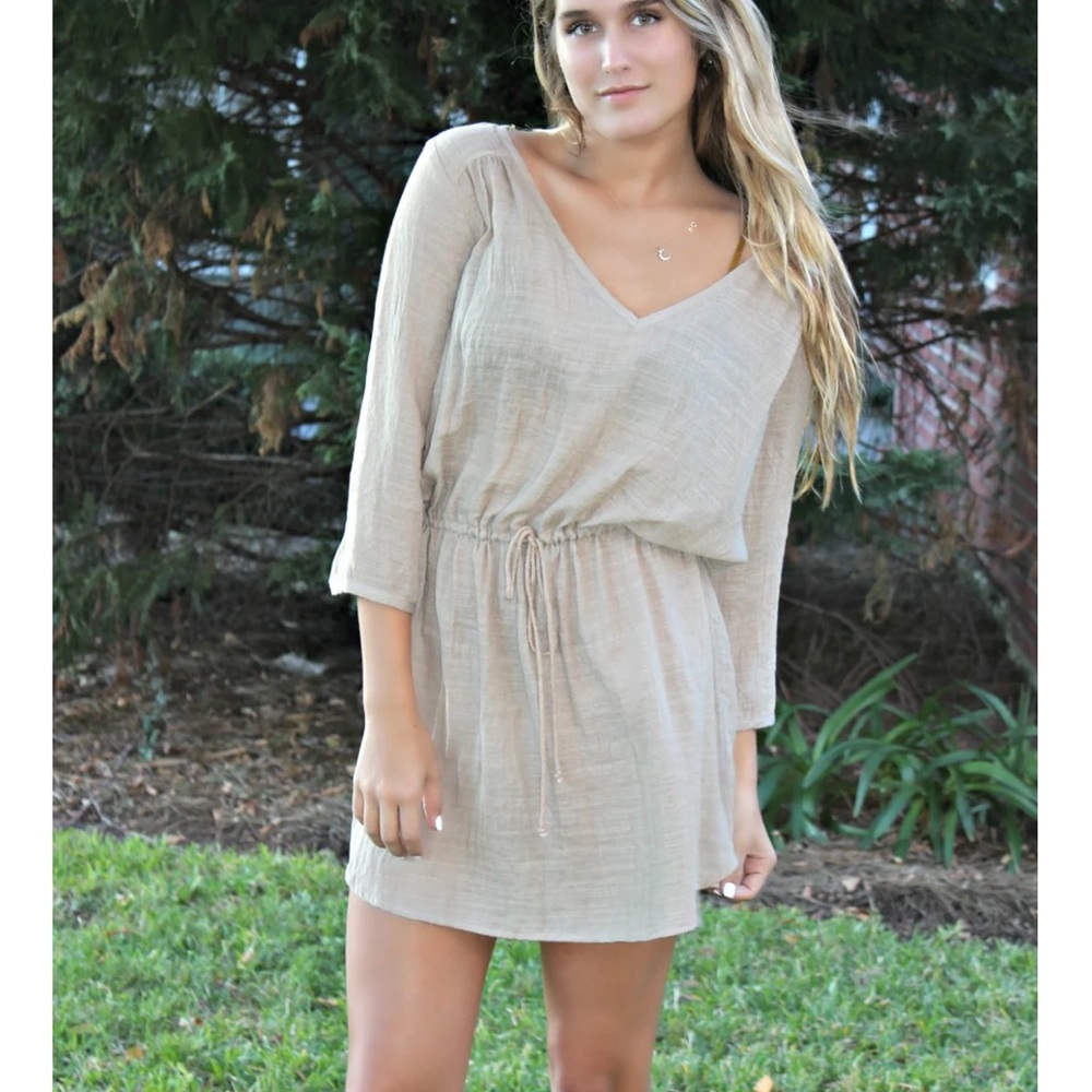 glam Beige V-Neck Drawstring Beach Coverup Dress